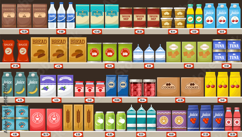 Supermarket, shelves with products and drinks
