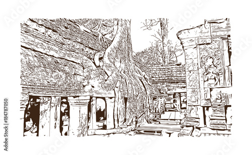 Angkor Wat Temple, Cambodia. Hand drawn sketch illustration in vector.