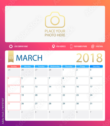 MARCH 2018, illustration vector calendar or desk planner, weeks start on Sunday