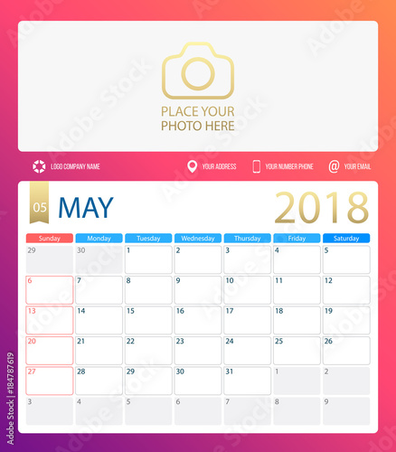 MAY 2018, illustration vector calendar or desk planner, weeks start on Sunday