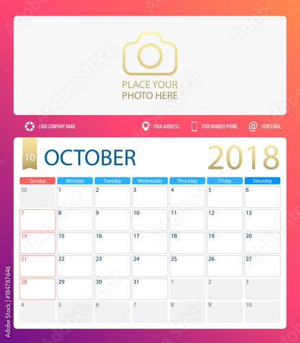 OCTOBER 2018, illustration vector calendar or desk planner, weeks start on Sunday