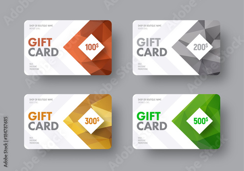 Template of a vector white gift card with an arrow and polygonal abstract multicolored elements