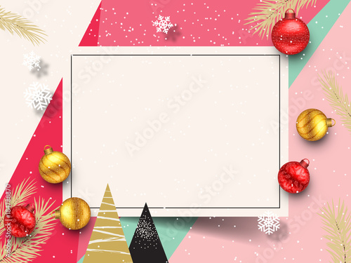 Backgrounds with frame and Christmas balls. Christmas Composition with fir branches, christmas baubles and snowflakes on a colorful abstract background. Top view vector illustration.