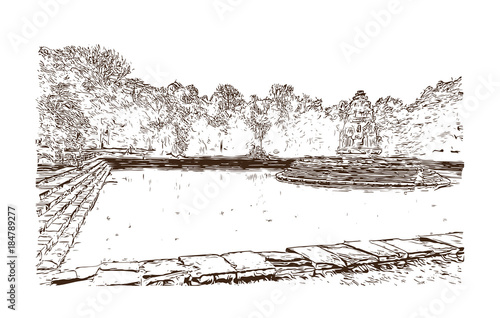 Angkor Wat Temple, Cambodia. Hand drawn sketch illustration in vector.