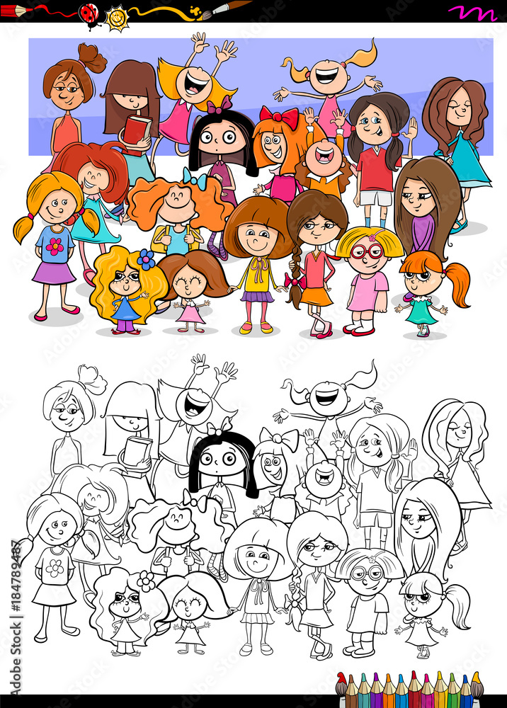 girls characters group coloring book