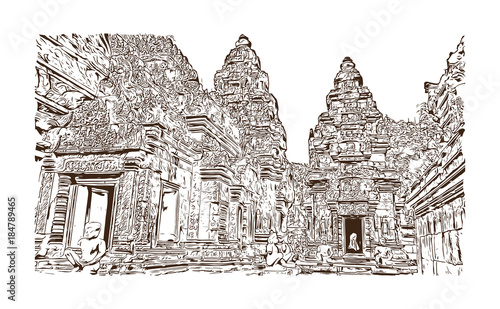 Angkor Wat Temple, Cambodia. Hand drawn sketch illustration in vector.