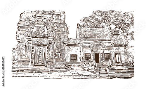 Angkor Wat Temple, Cambodia. Hand drawn sketch illustration in vector.