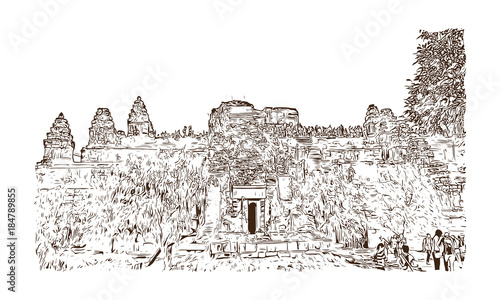 Angkor Wat Temple, Cambodia. Hand drawn sketch illustration in vector.