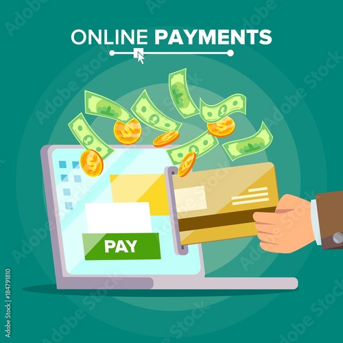 Laptop Payment Vector. Transaction And Paypass. Tax Research, Ecommerce. Isolated Flat Cartoon Illustration