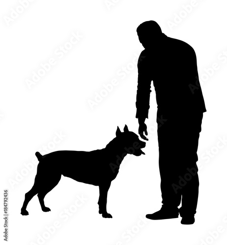 Owner man keeps American Staffordshire pit bull terrier dog champion on the stage vector illustration isolated. Staffordshire  dog show exhibition.