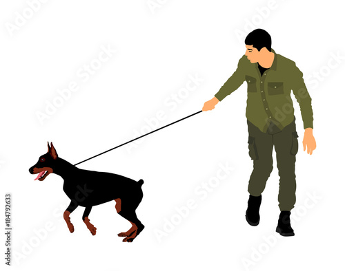 Owner keeps the Doberman pincher champion dog on the leash, vector illustration isolated. Dog show exhibition. Finder detects military explosives and drugs. Rescue activity dog for finding survive. 