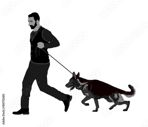 Owner keeps the dog on the leash. German Shepherd running, champion dog vector illustration isolated. Dog show exhibition. Finder detects explosives and drugs. Rescue activity dog for finding survive.