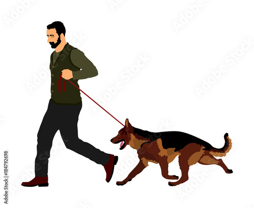 Owner keeps the dog on the leash. German Shepherd running, champion dog vector illustration isolated. Dog show exhibition. Finder detects explosives and drugs. Rescue activity dog for finding survive.