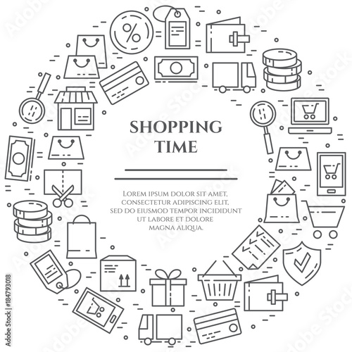 Shopping theme horizontal banner. Pictograms of bag, credit card, shop, delivery, cash, wallet, cart, sticker and other purchases related elements. Vector illustration.