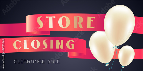 Store closing vector illustration, background with air balloons