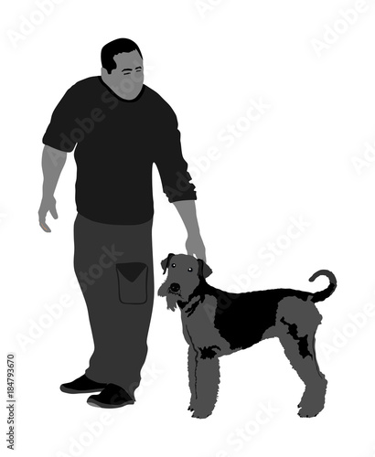 Owner man keeps the Airedale Terrier dog champion on the stage vector illustration isolated. Dog show exhibition. 