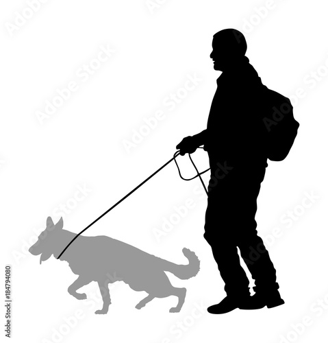 Owner keeps the dog on the leash. German Shepherd running, champion dog vector silhouette illustration. Dog show exhibition. Finder detect explosives and drugs. Rescue activity dog for finding survive