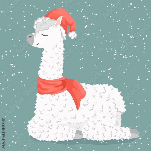 cute cartoon lama alpaca in santa claus hat. happy new year 2018 design element. Vector Illustration. unique design for cards, posters, t-shirts, invitations, patch and stickers