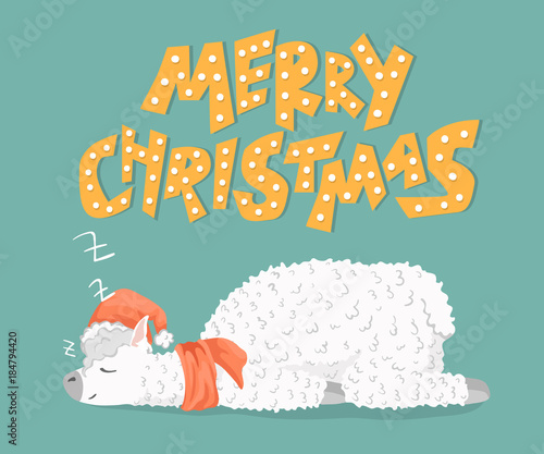 cute cartoon lama alpaca in santa claus hat and unique hand drawn lettering- merry christmas. unique design for cards, posters, t-shirts, invitations, patch and stickers