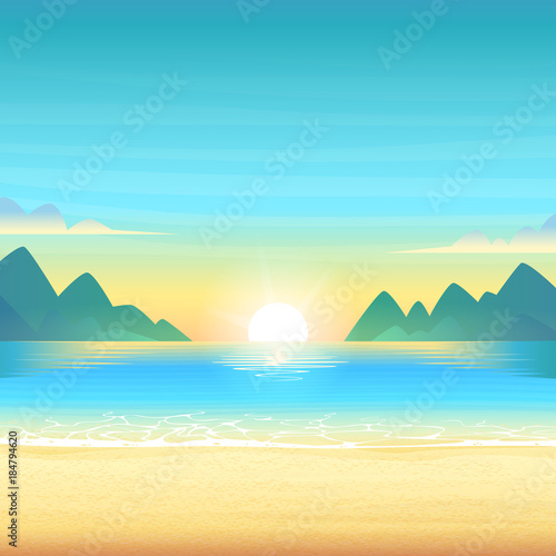Evening beach at sunset with clean calm water, clouds and mountains on the horizon. Vector cartoon illustration.