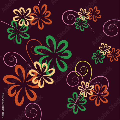 Vector seamless pattern, decorative flowers on claret background, imitation pastels
