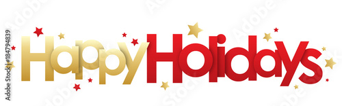 HAPPY HOLIDAYS red and gold typography banner with stars