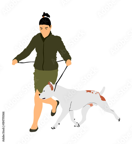 Owner girl keeps American Staffordshire pit bull terrier dog champion on the stage vector illustration isolated. Staffordshire running dog show exhibition. Dogo Argentino. 