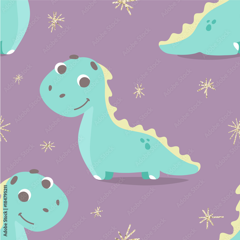 Naklejka premium Cute seamless pattern with vector dinosaur in flat style. children's illustration of dino, perfect design for cards, t-shirt or apparel print, sticker or patch design