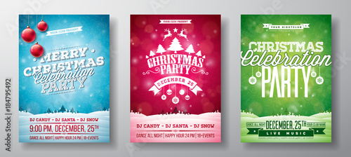 Vector Merry Christmas Party Flyer Illustration with Typography and Holiday Elements on Vintage background. Winter Landscape Invitation Poster Template Set of Three Color Variation. photo