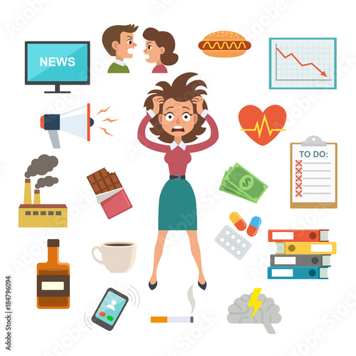 Woman in stress and panic, surrounded by work and stress factors icons, concept for stress at work, burnout, too much work, vector illustration.
