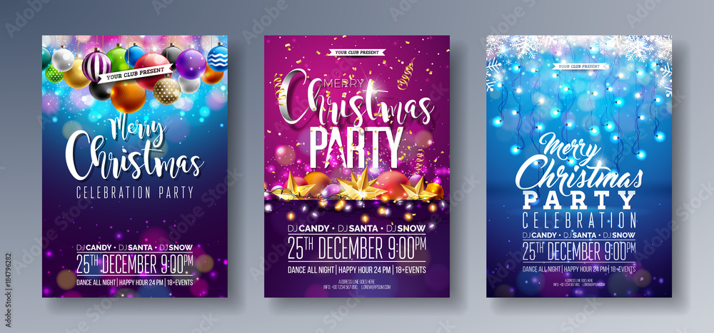 Vector Merry Christmas Party Flyer Illustration with Holiday Typography Elements and Multicolor Ornamental Balls, Cutout Paper Star, Light Garland on Shiny Background. Celebration Poster Design Set. - obrazy, fototapety, plakaty 