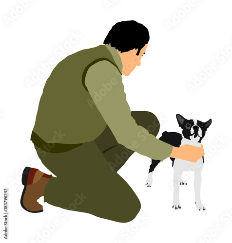 Owner keeps the dog on the stage. Boston Terrier champion vector illustration isolated. Dog show exhibition.