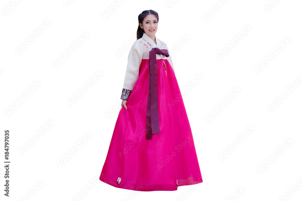 Woman wearing Hanbok, Korean traditional dress isolated on the white background. Woman wearing Hanbok, Korean traditional dress isolated on the white background.