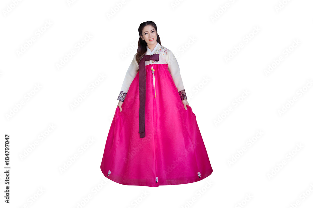 Woman wearing Hanbok, Korean traditional dress isolated on the white background. Woman wearing Hanbok, Korean traditional dress isolated on the white background.