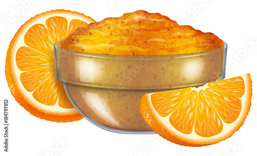 Glass bowl with homemade orange jam. Vector illustration.