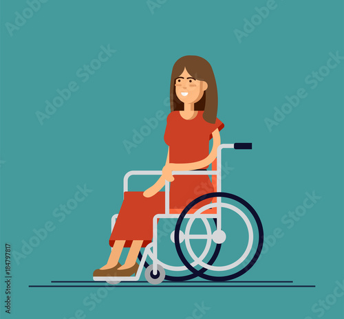 Young beautiful woman sitting in wheelchair, cartoon vector flat illustration. Happy woman sitting in wheelchair, living with disability