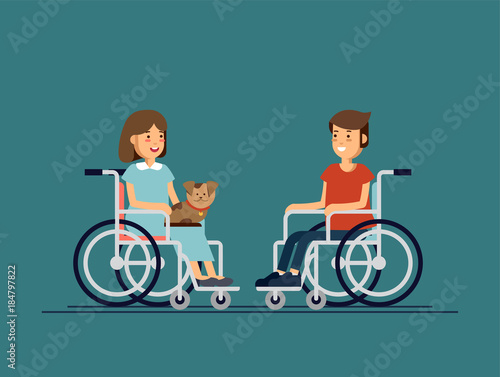 Cute disabled boy and girl kid sitting in a wheelchair and keep the puppy on one's knees. Handicapped person.