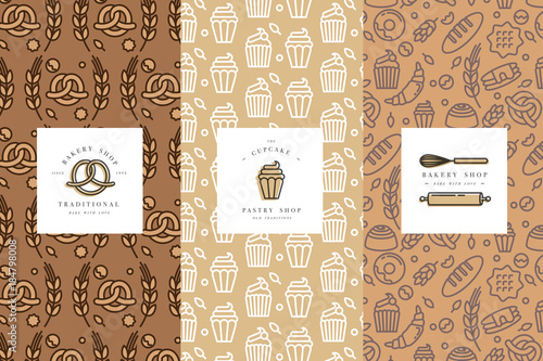 Vector set of design templates and elements for bakery packaging in trendy sketch linear style.