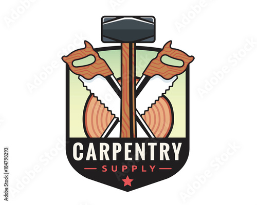 Isolated vintage woodwork carpentry logo badge emblem illustration, suitable for workshop, carpentry, furniture, architecture, craftman, and other industrial bussiness related. 
