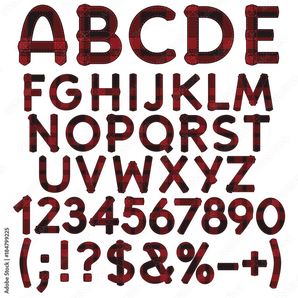 Alphabet, letters, numbers and signs from cloth tartan. Isolated vector objects on white background. Alphabet, letters, numbers and signs from cloth tartan. Isolated vector objects on white background.