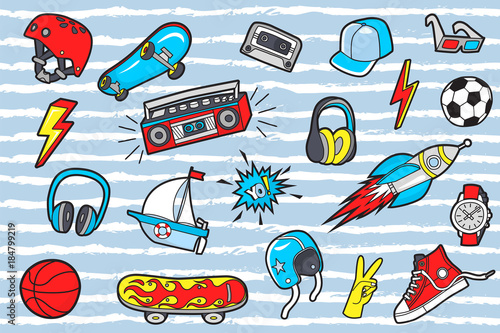 Pop Art boyl's  patches on striped pattern . Vector