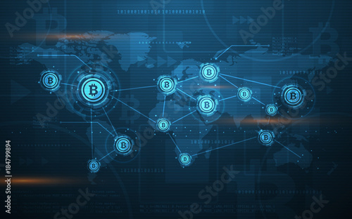 Global Abstract Bitcoin Crypto Currency Blockchain Technology World Map Background Ultra HD Wallpaper Illustration