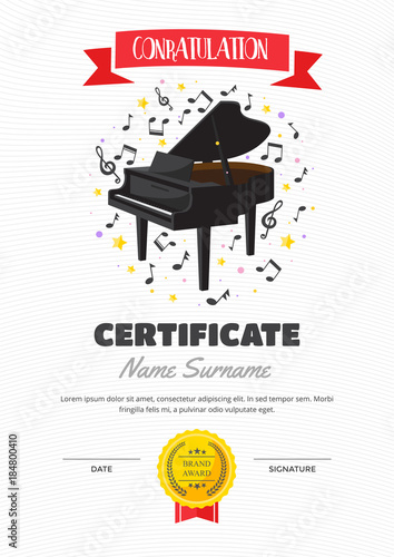 Cute Children Piano Class Certificate Of Achievement And Appreciation Template