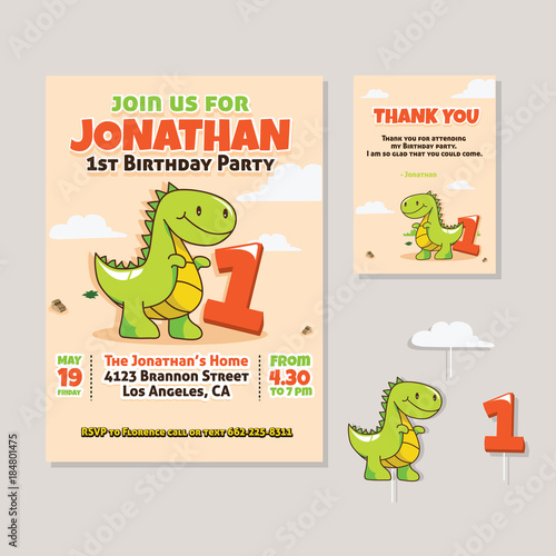 Cute Dinosaur Theme 1st Birthday Party Invitation And Thank You Card Illustration