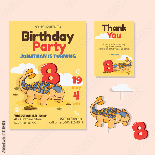 Cute Dinosaur Theme 8th Birthday Party Invitation And Thank You Card Illustration