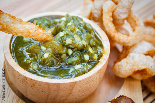 Nam prik num (Northern Thai Green Chilli Dip) and Pork snack.