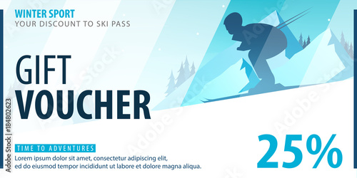 Gift voucher with diagonal lines and a place for the image. Universal flyer template for advertising winter sport.