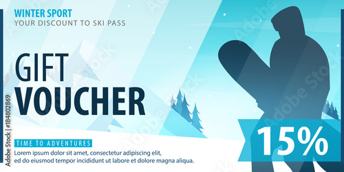 Gift voucher with diagonal lines and a place for the image. Universal flyer template for advertising winter sport.