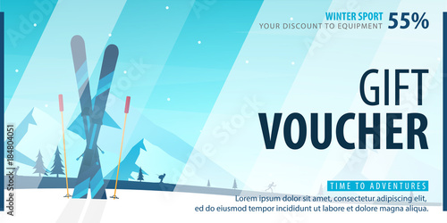 Gift voucher with diagonal lines and a place for the image. Universal flyer template for advertising winter sport.
