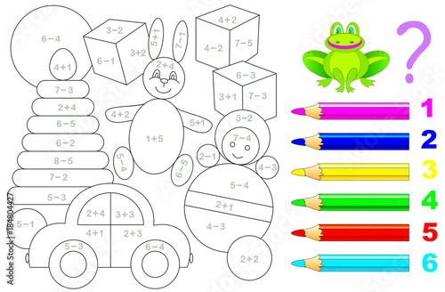 Mathematical worksheet for young children on addition and subtraction. Need to solve examples and paint the picture in relevant colors. Developing skills for counting. Vector image.